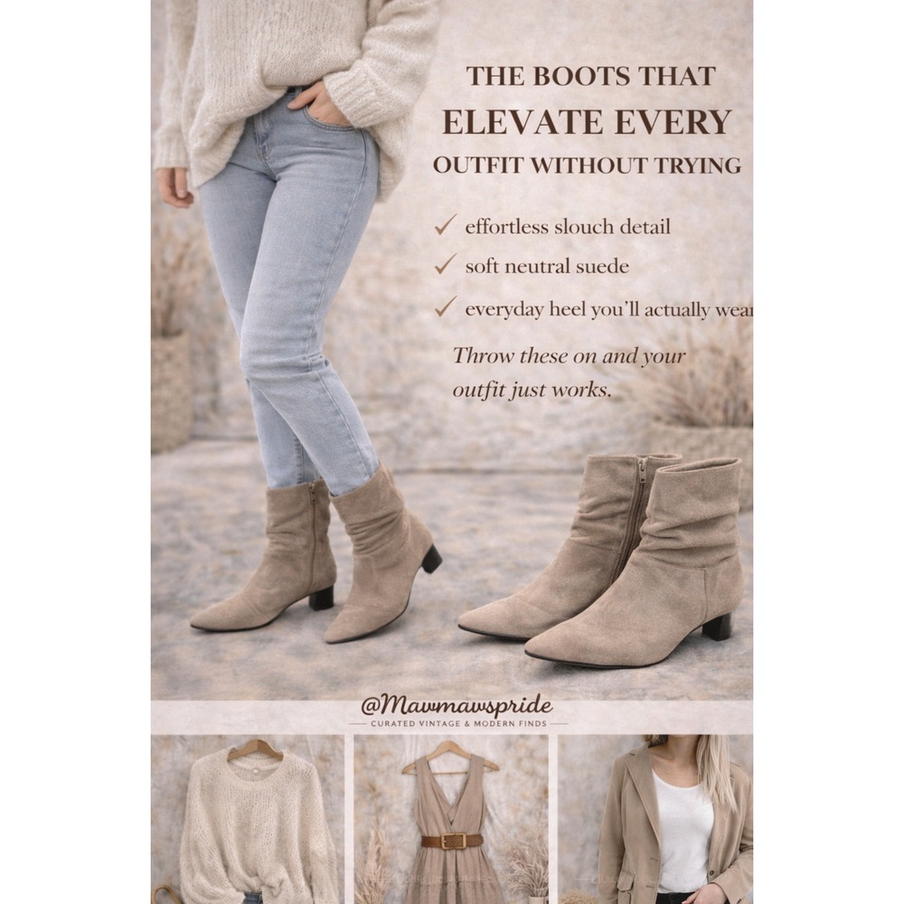 Taupe Suede Slouch Ankle Boots Pointed Toe Kitten Heel‎ Neutral Chic Size 7.5